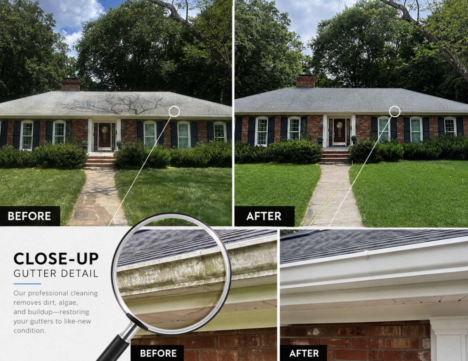 Before and after of a brick ranch exterior with a gutter close-up