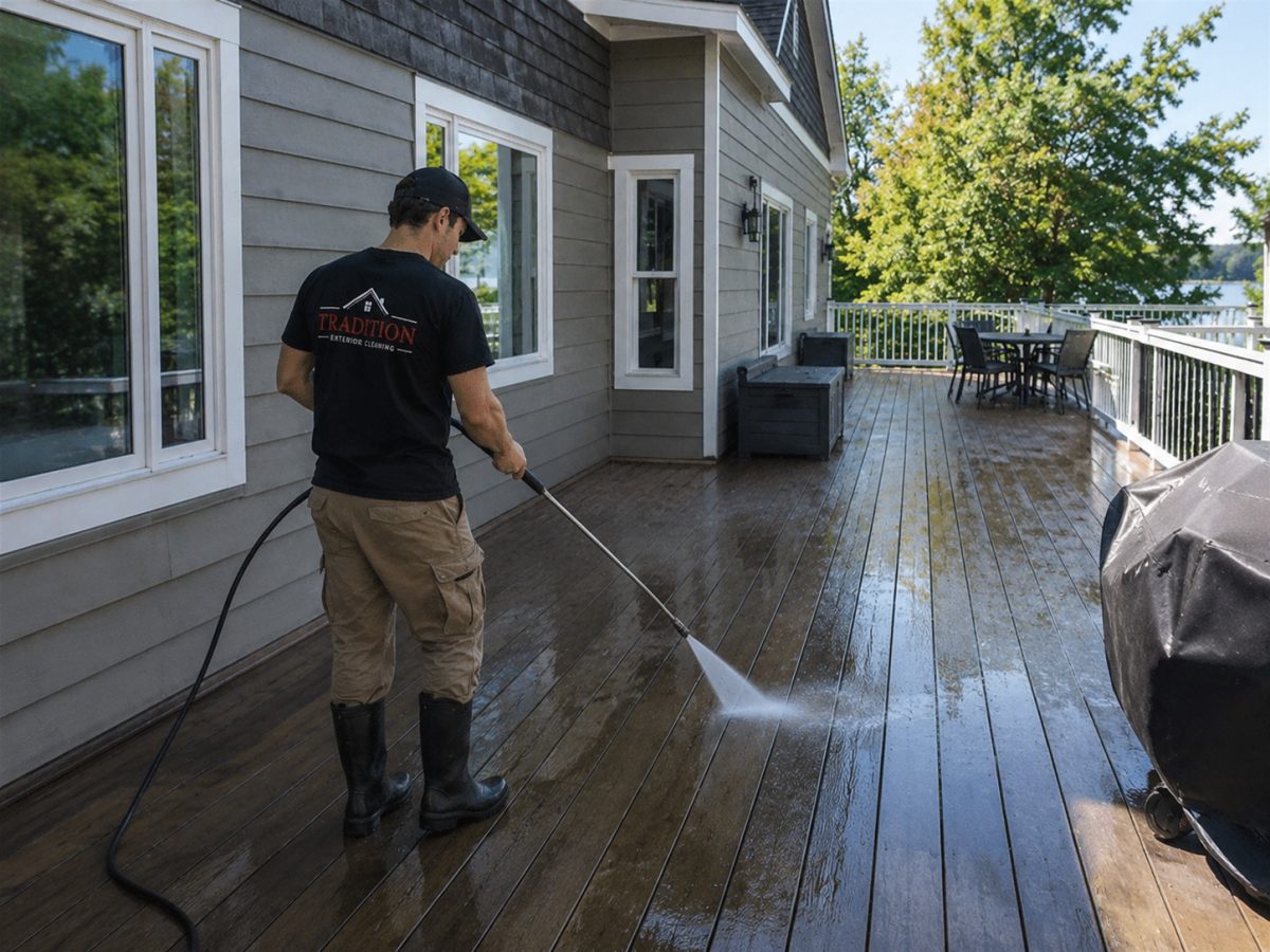 Technician pressure washing a wood deck by the water