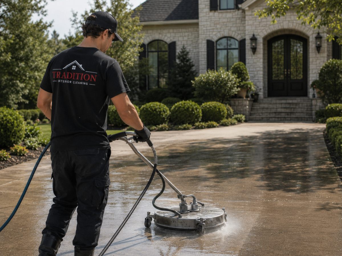 Pressure washing a residential driveway clean of dirt and algae